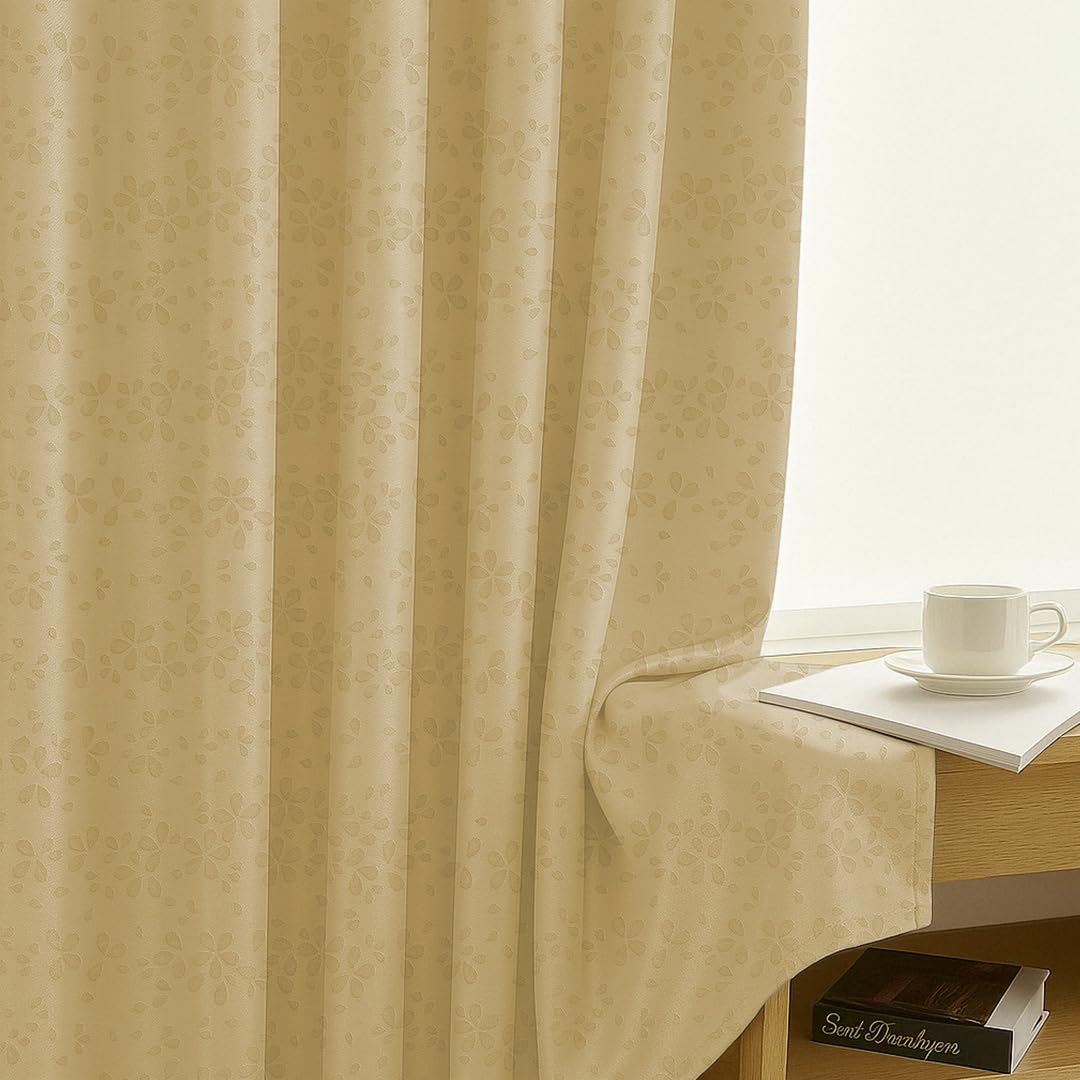 LINENWALAS 100% True Blackout Curtains 7.5 Feet Long - 1 Panel, Raindrop Floral Design Complete Light Block Thermal Insulated & Noise Reducing Room Darkening Curtains (Raindrop Golden Beige)