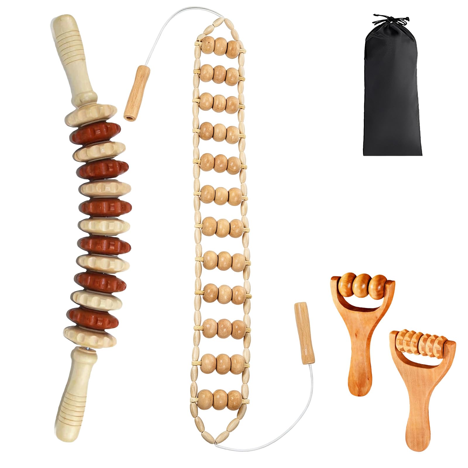 4 Stück Holz Massageroller Set,Faszienstab Holz Massage Roller Für Lymphdrainage, Anti-Cellulite, Faszienlockerung Und Körperformung，Massagestab Buche