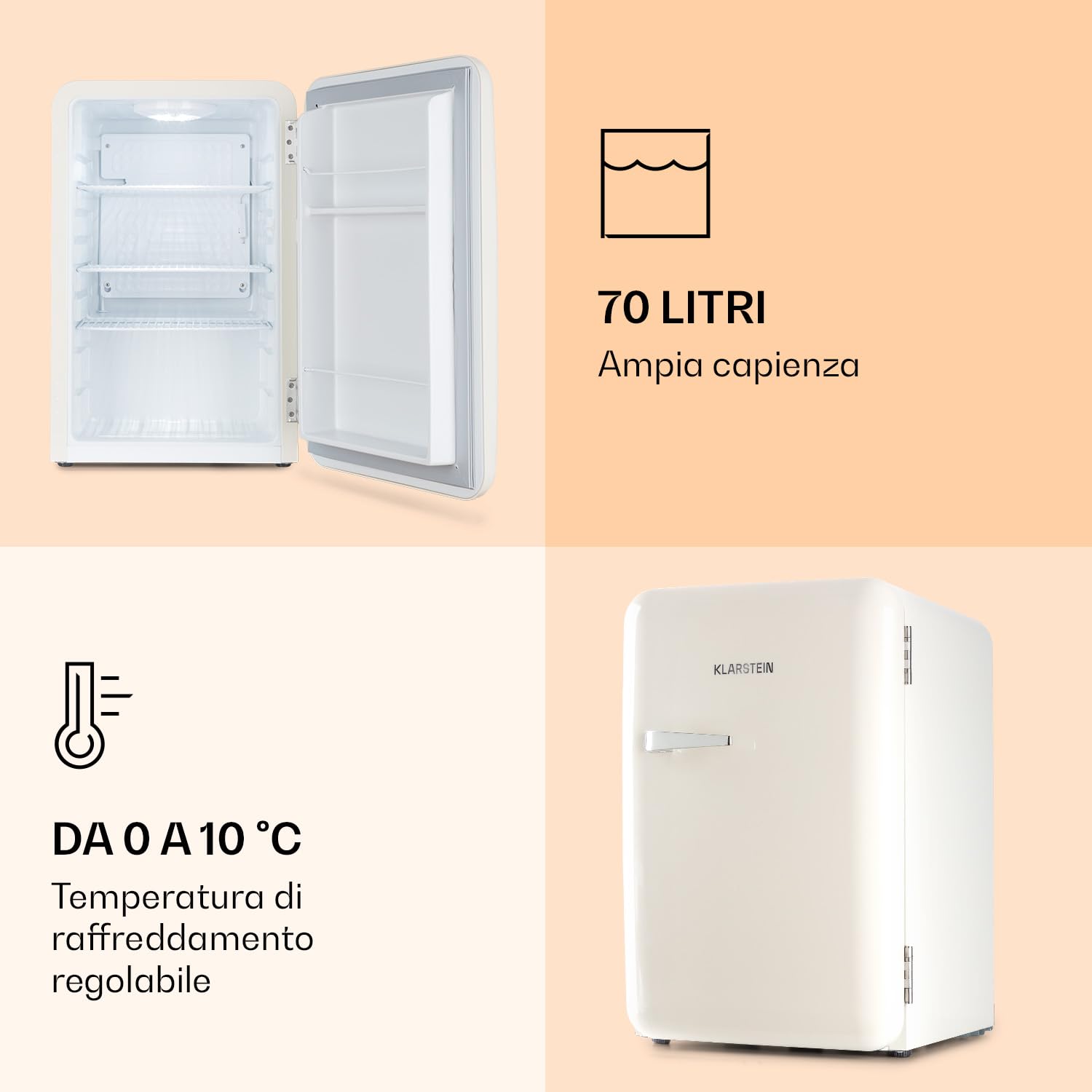 Klarstein Audrey Mini - piccolo frigorifero, mini bar compatto, a libera installazione, raffreddamento a compressione, capacità di 70 litri, 0-10 °C, bianco