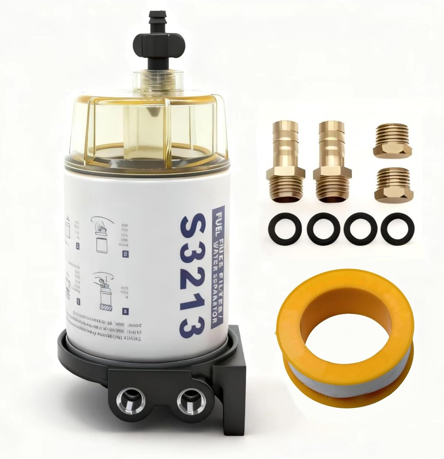 S3213 Fuel Water Separator Filter for Yamaha Mercury Outboard | Includes bowl and fittings, 3/8" barb and 1/4" NPT fittings, Replaces 18-7932-1, 18-7919, Fits marine outboard fuel systems