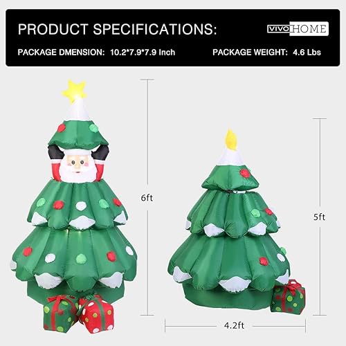 Miniatura 5 de Vivohome - Árbol de navidad inflable con Santa Claus de 6pies de altura con 2cajas de regalos, luces LED incorporadas, decoración de jardín inflable
