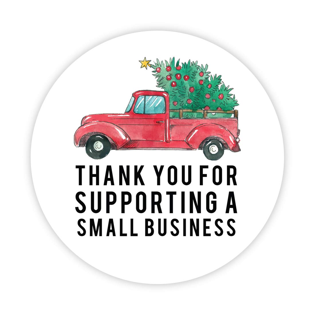 Andaz Press Christmas Round Small Business Sticker Labels, 2 Inch Round, Thank You for Supporting a Small Business, Vintage Christmas Pick Up Truck