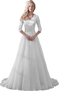Modest Wedding Dress for Bride V-Neck Sleeves Organza Floral Lace