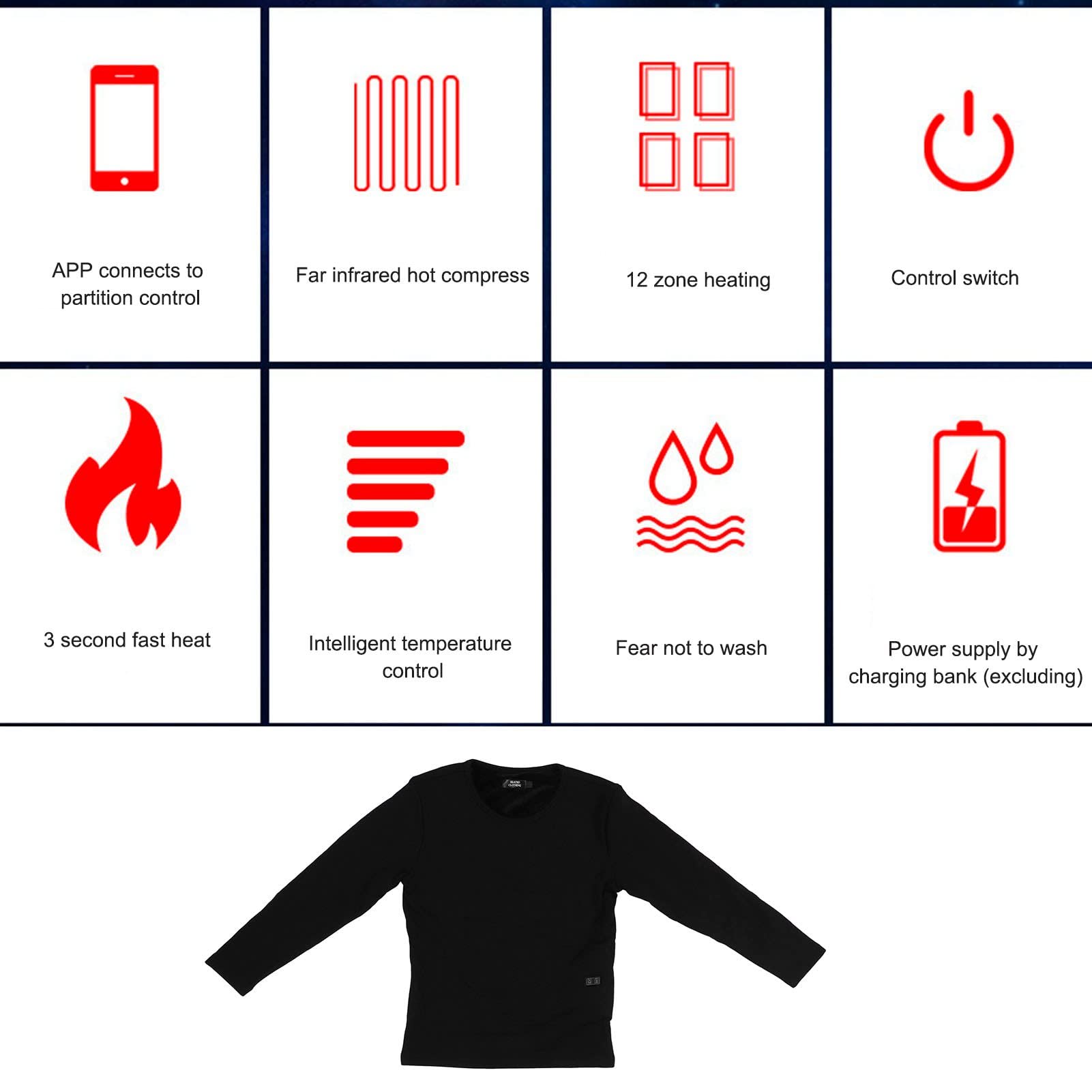 Pilipane Smart Infrared Heated Underwear Top, APP Controlled, Round Neck, 12 Zone Electric Heating for Balanced Warmth(2XL)