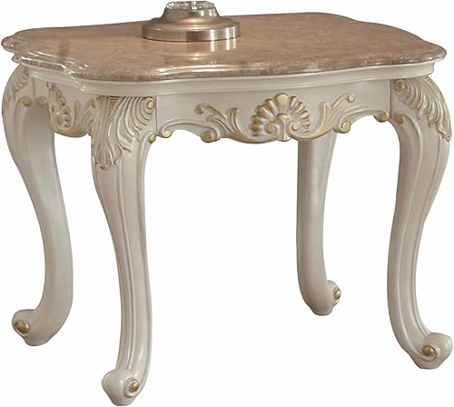 HomeRoots Mesa auxiliar de mármol blanco perla de 24 pulgadas cepillada con detalles dorados y marrón claro