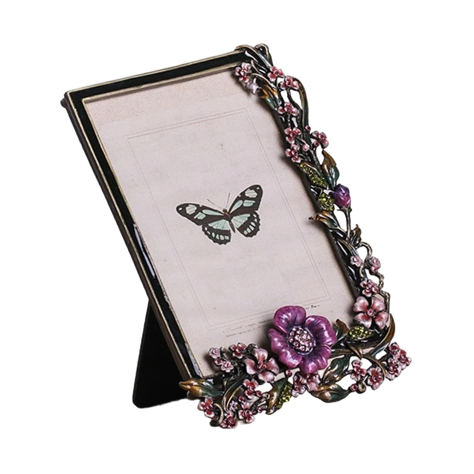 PANGBOER Ornate Metal Photo Frame with Delicate Enameled Floral Bird Motifs and Rhinestones Embellishment for Horizontal & Vertical Floral Enameled Metal Photo Frame
