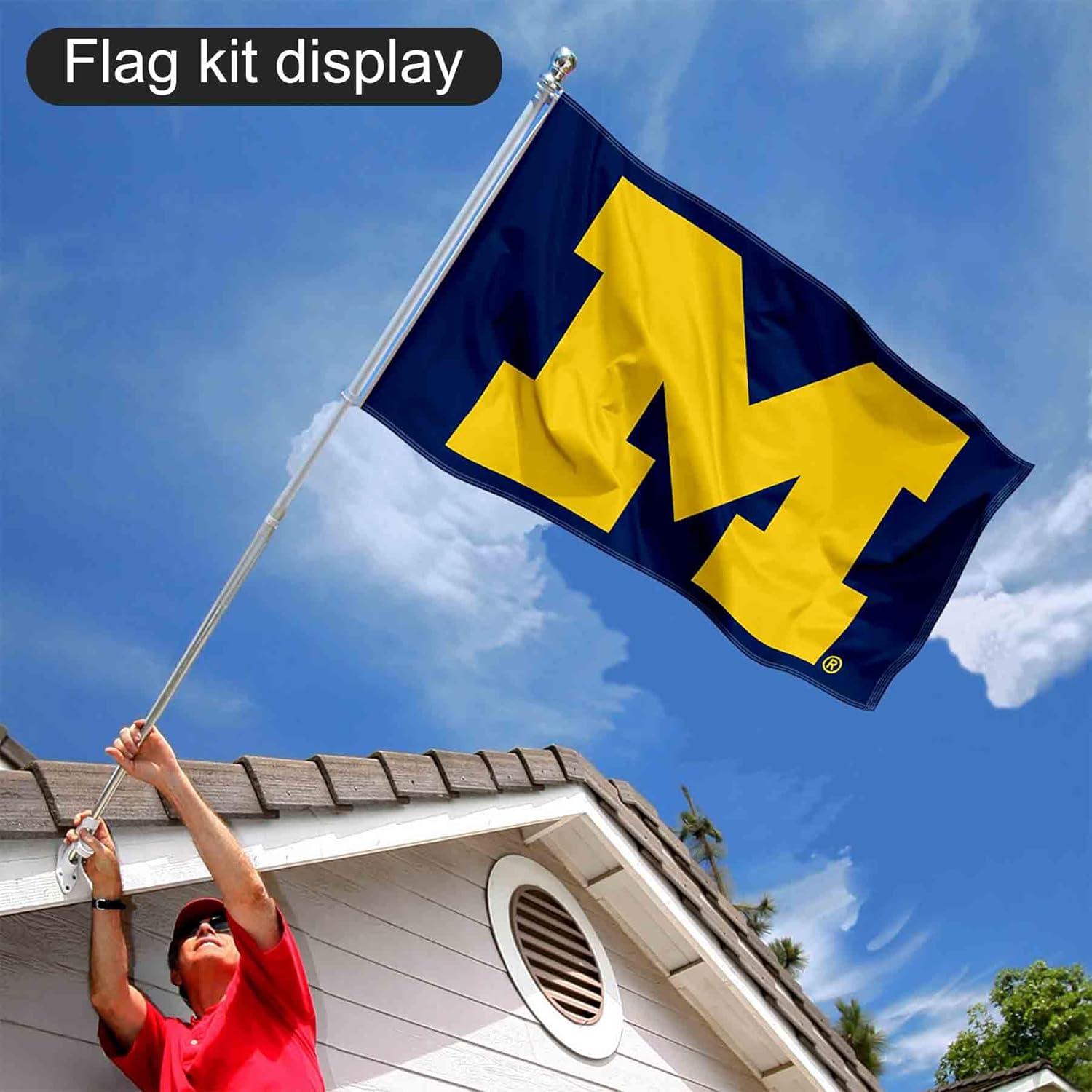College Flags & Banners Co. University of Michigan Block M Flag and Pole Bracket Mount Bundle