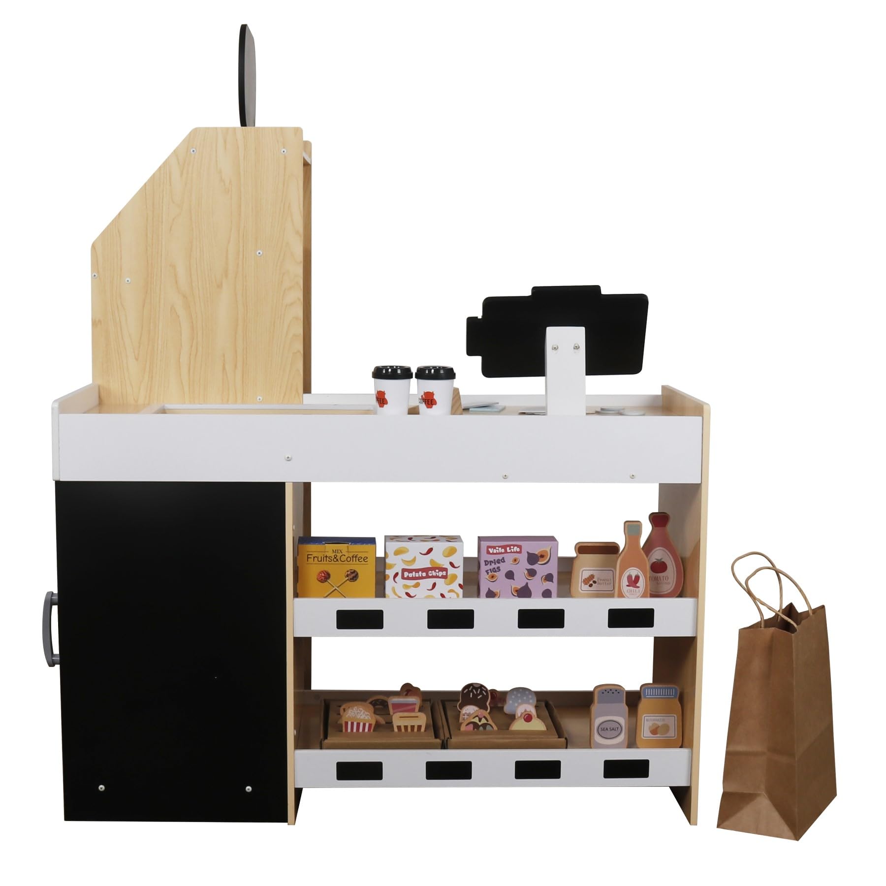 Holz Kaufladen Kinder Supermarkt Weiß – Spielküche Einkaufsladen mit Registrierkasse, Lebensmittel, Obst, Gemüse, Süßigkeiten, Fast Food, Spielgeld & Zubehör, Rollenspiel ab 3 Jahren