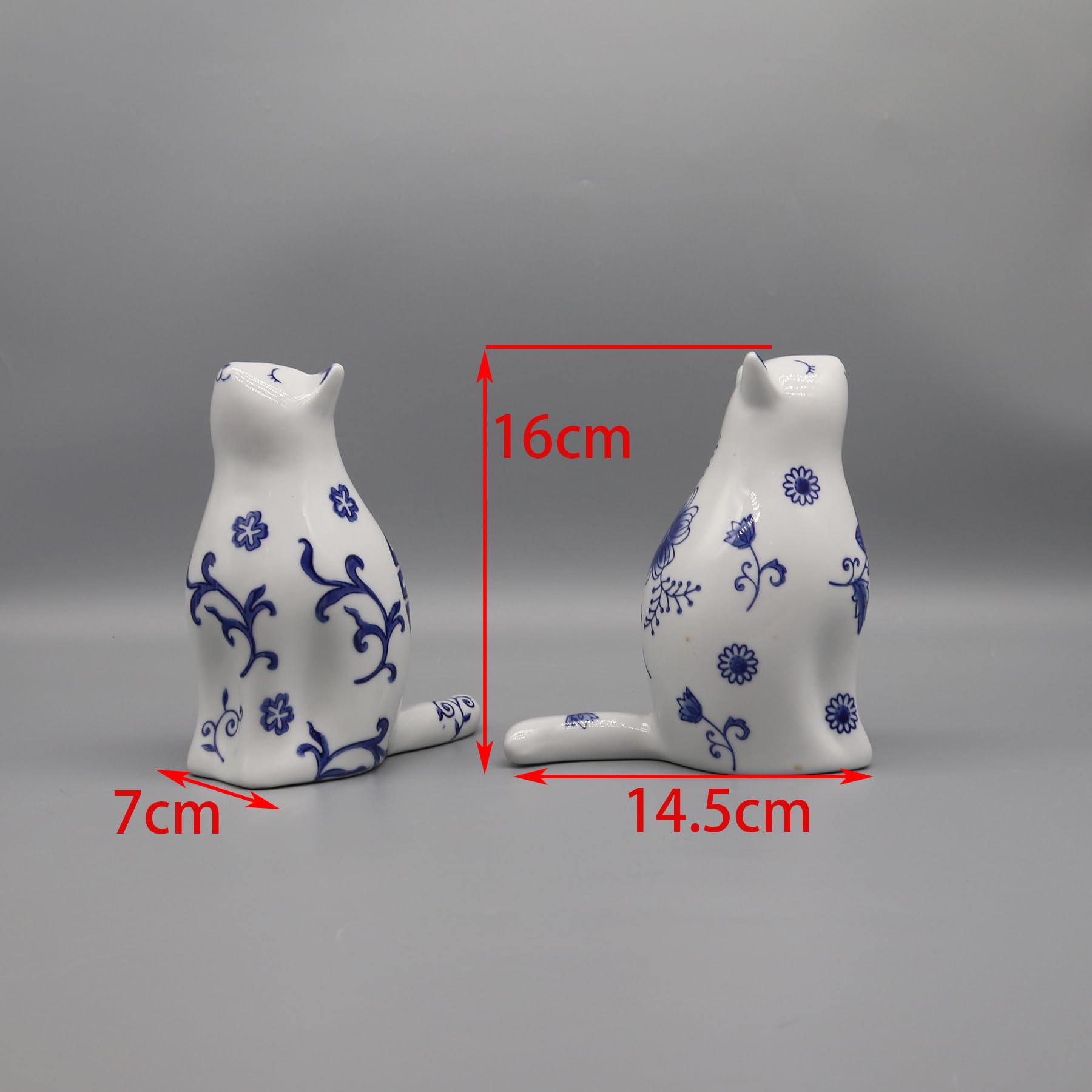 Eastern tide Figuras de gato de cerámica, patrón floral azul y blanco, juego de 2, 16 cm de altura, estilo de porcelana china