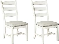 Signature Design by Ashley Valebeck Farmhouse Dining Chairs Set of 2, Whitewash Solid Wood, Cushioned Linen Fabric, Nailhead Trim, 19" Seat Height