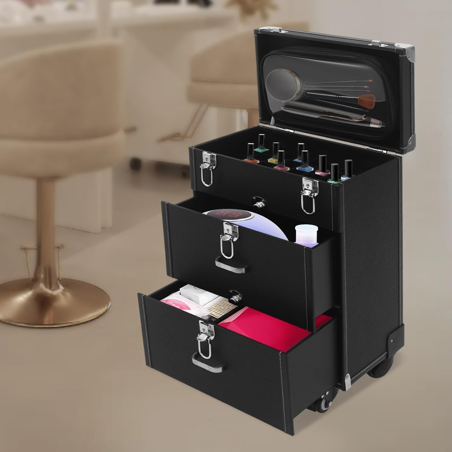 Makeup Train Case, Multi-functional Rolling Makeup Case with 360° Swivel Wheels Keys, Large Storage Professional Makeup Case Cosmetic Train Cases for Nail Technicians Hairstylist