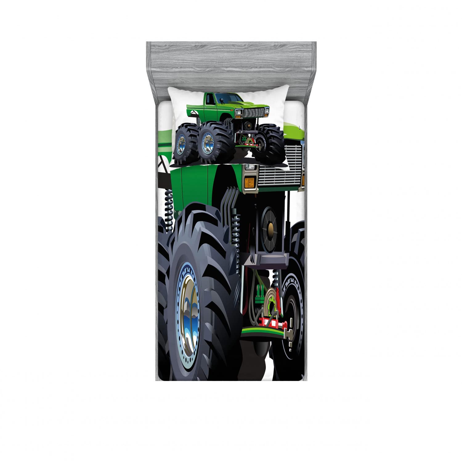 Ambesonne Cartoon 2 Pack Fitted Sheet & Pillow Sham Set, Monster Pickup Truck, 4 Pcs Bedding Decor, Package Contains 2 Twin XL Size Fitted Sheets & 2 Pillow Covers, Green Grey