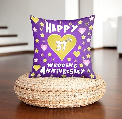 DreamVio Happy 37th Anniversary Pillow,Cushion for Gifting on Birthday's & Wedding to Couple,Husband, Wife, Friends Color : Purple (12 x 12 inch)