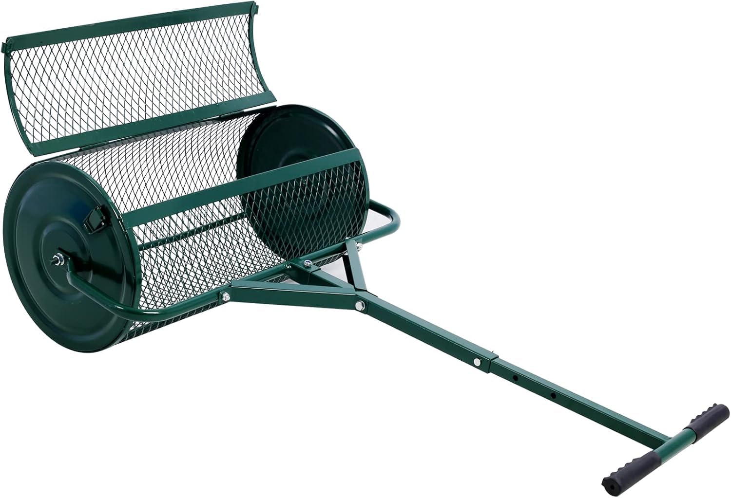 Rodillo esparcidor de turba de 24 pulgadas con mango en forma de T para plantar, cuidar el césped y otros cultivos. Diseño de malla metálica que distribuye uniformemente el estiércol, el mantillo y