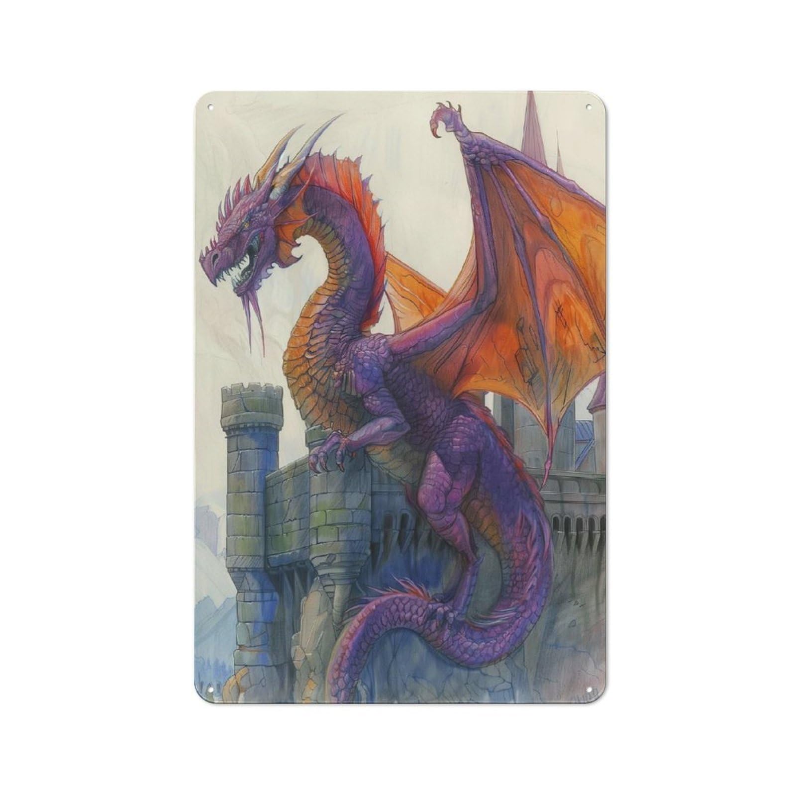 Junmoney Giant Full Body Dragon Tin Wall Plaque With Design 30X20cm, Country Vintage Cottage Wall Art For Kitchen, Cottage, Porch Or Garden Room