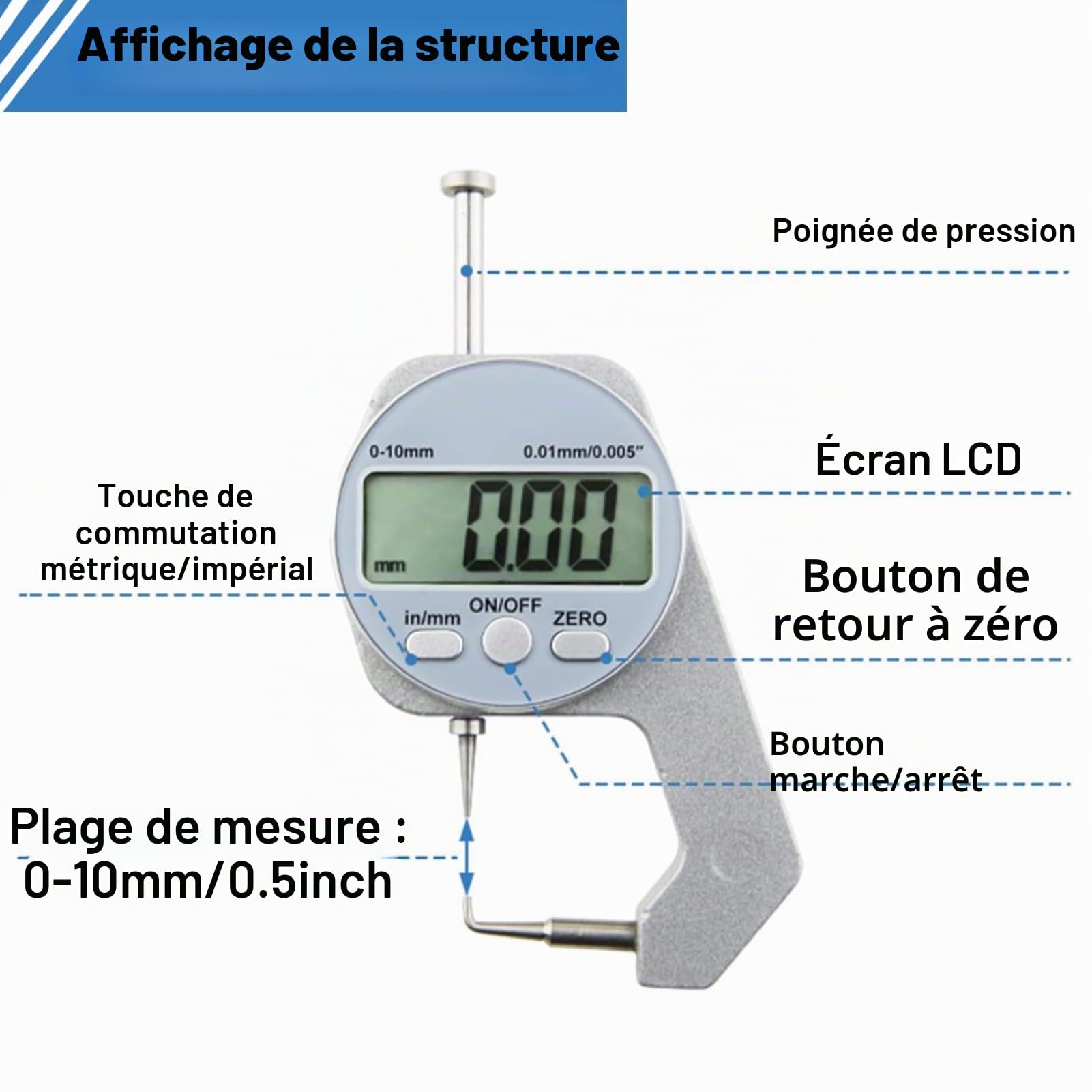 Jauge D'épaisseur LiebeWH Gamme 0-10MM Écran LCD Affichage Numérique Pointe Incurvée Mini Jauge D'épaisseur Outils de Mesure D'épaisseur pour Matériaux Souples