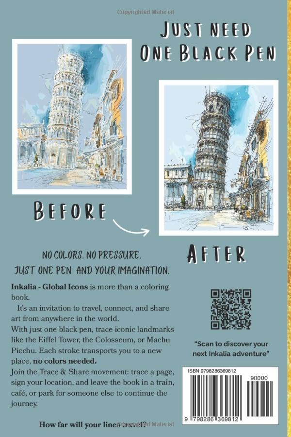 Inkalia: Global Icons – Reverse Ink Tracing Coloring Book for Adults & Teens: Trace 37 World Landmarks Using Just One Black Pen – A Travel-Sized ... Movement (Inkalia: Trace, Travel & Share) image 3