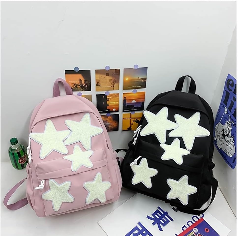JHTPSLR Preppy Backpack Y2K Aesthetic Backpack Lambswool Stars Patchwork Backpack Cute Kawaii Stars Backpack Supplies Casual Daypack (Light Pink)