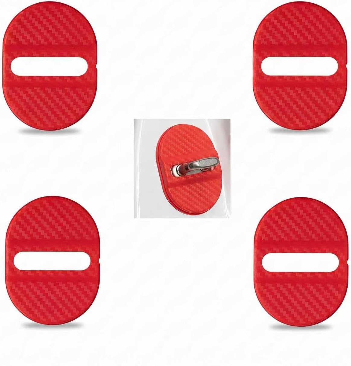 4PCS Car Door Latch Covers, Carbon Fiber Rust-proof Car Doors Lock Latch Shock Absorber Protector, Self-Adhesive Noise Reduction Door Lock Protection Decoration Accessory, for Most Cars(Red)