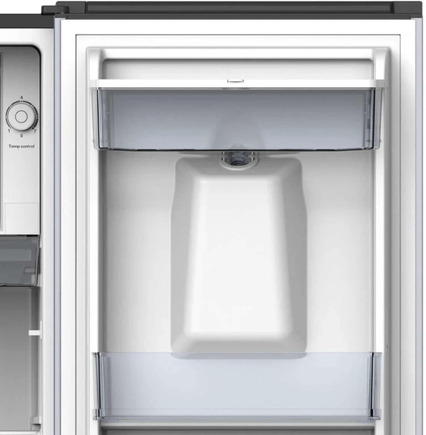 Close-up of the Hamilton Beach HBR70MS1E refrigerator's top freezer compartment and temperature control dial.