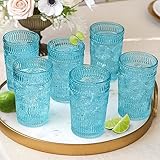 Vintage Textured Aqua Blue Striped Drinking Glasses Set of 6-13 oz Ribbed Glassware with Flower Design | Cocktail Set, Juice Glass, Water Tumbler
