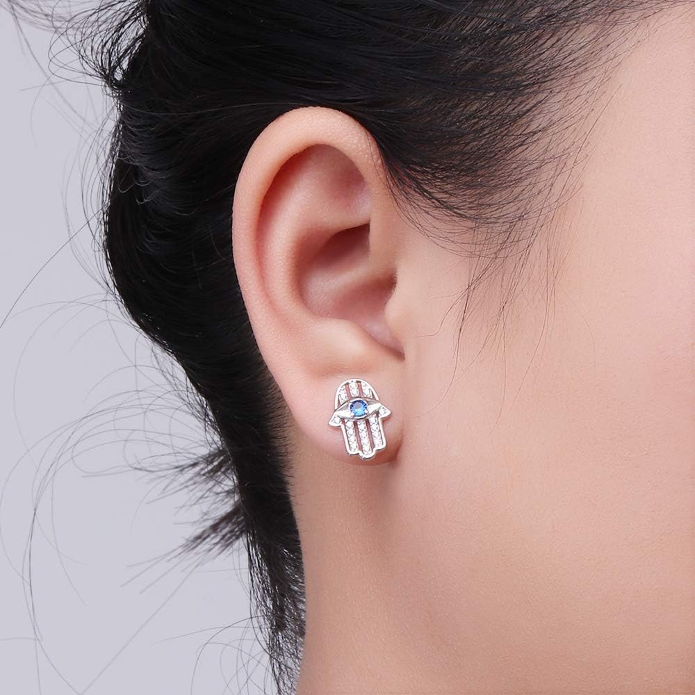 White Gold Hamsa Evil Eye Earrings Womens Stud Hypoallergenic Earrings for Sensitive Ears Minimalist Protection Jewelry for Women - Image 3
