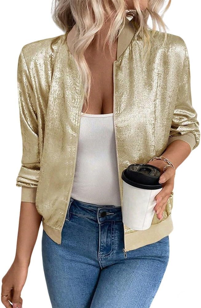 Yeshire Womens Lightweight Zip Up Jacket Cropped Bomber Jackets Shiny Casual Outerwear Windbreaker