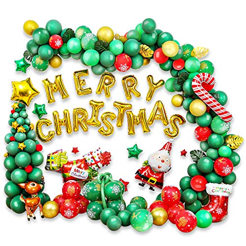 Christmas Balloon Garland Kit, 203 Pcs Green Red Gold leaf stars Confetti Balloons with Santa Claus Christmas Tree Balloon, Equipped with a series of Balloon Tools for Christmas Party Decorations New Year Theme decor