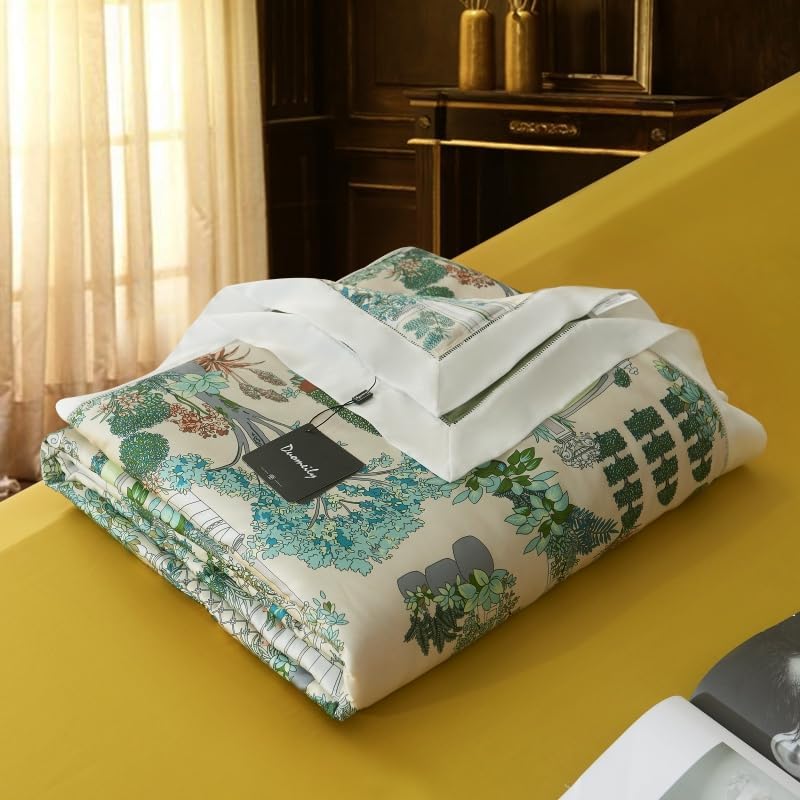 Lyocell Tencel Thin Quilt Summer Air Condition Blanket Silky Soft Bedding Car Sofa Bedroom European Classical Architecture Castle Landscape Lightweight Comforter (Green, Queen)