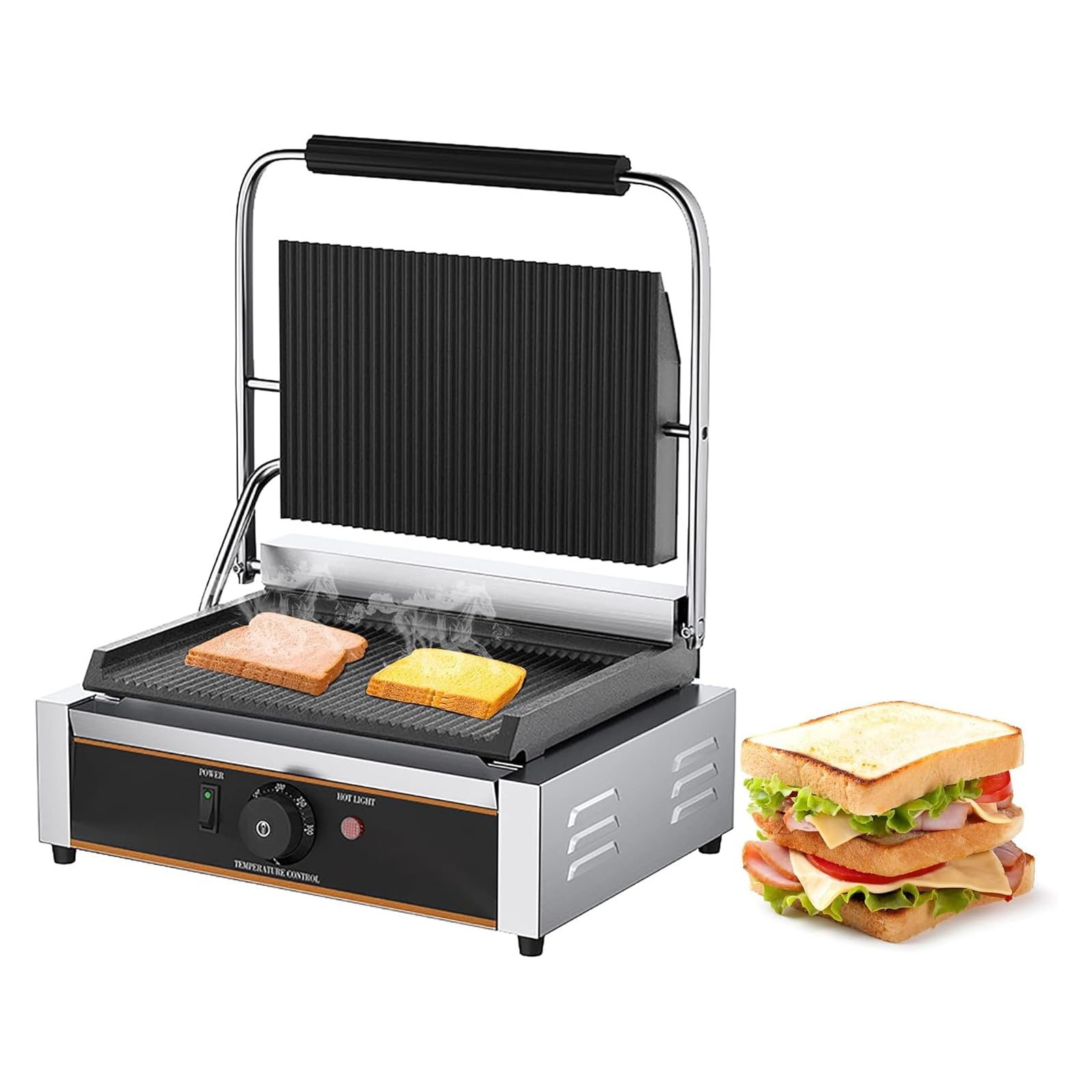 Parrilla De Prensa De Sándwich Comercial, 220 V, Máquina De Prensa Eléctrica Panini, 122.0-300 ℃, Control De Temperatura Ajustable, Superficie Antiadherente, Placas Planas Dobles, 3600 W, Tostadora P