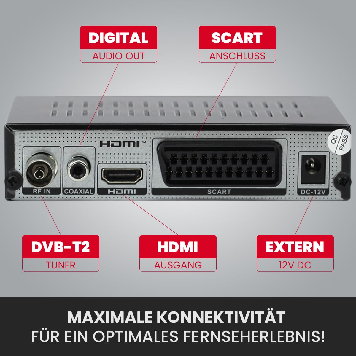 AXRED T90 HD DVB-T2 Receiver mit PVR Aufnahmefunktion, DVB-T & DVB-T2 Antennen, HDMI SCART USB