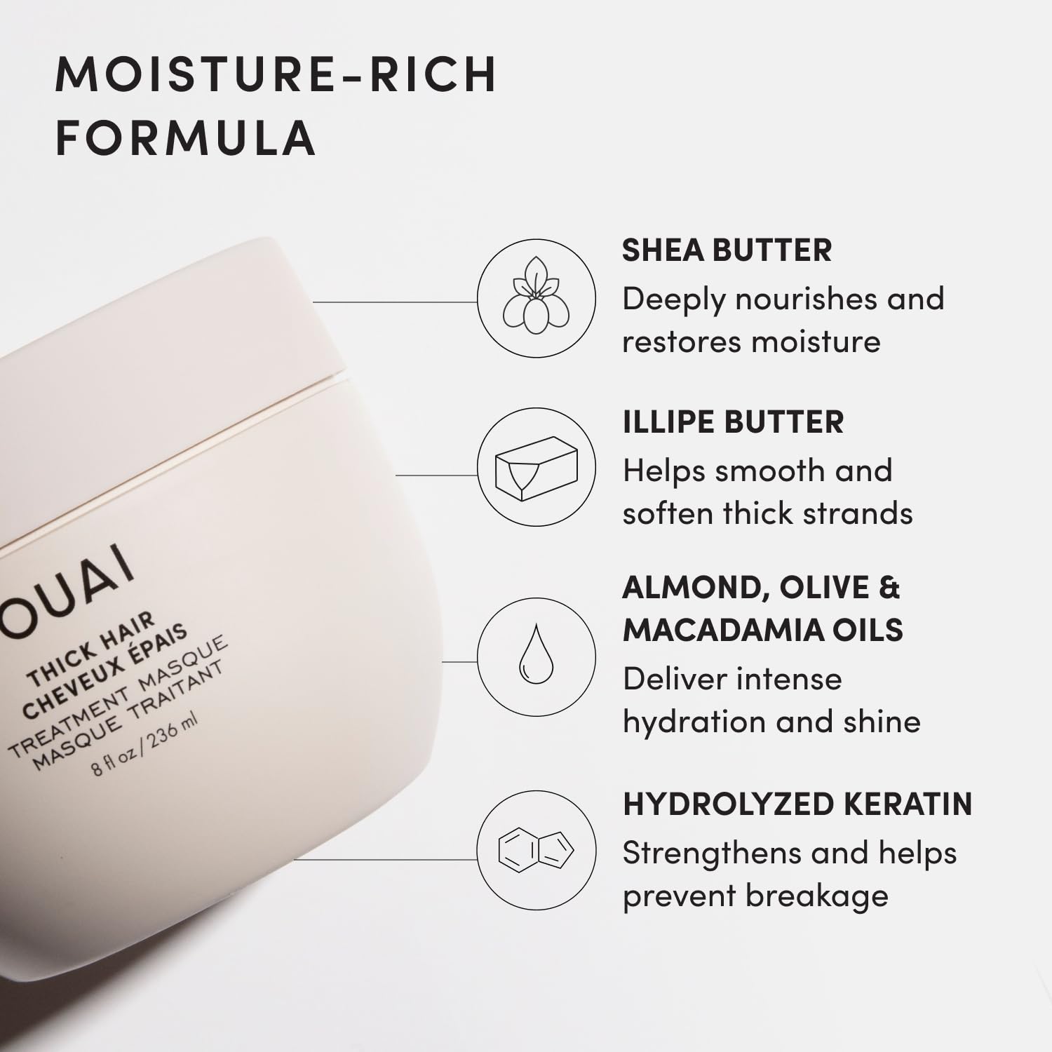 OUAI Mascarilla Thick - Tratamiento capilar con aceite de almendra, aceite de oliva y queratina hidrolizada para reparar el cabello dañado - Sin ftalatos ni parabenos (100 ml)