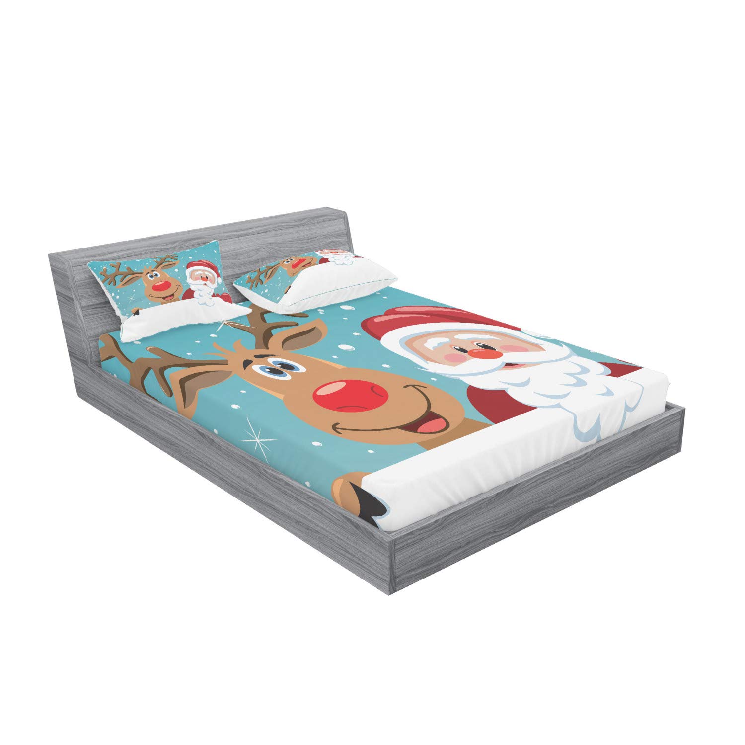 Ambesonne Santa Fitted Sheet & Pillow Sham Set, Rudolph Deer and Santa Claus Greeting The New Year Happily in Cartoon Style, Decorative Printed 3 Piece Bedding Decor Set, Full, Blue Brown Red