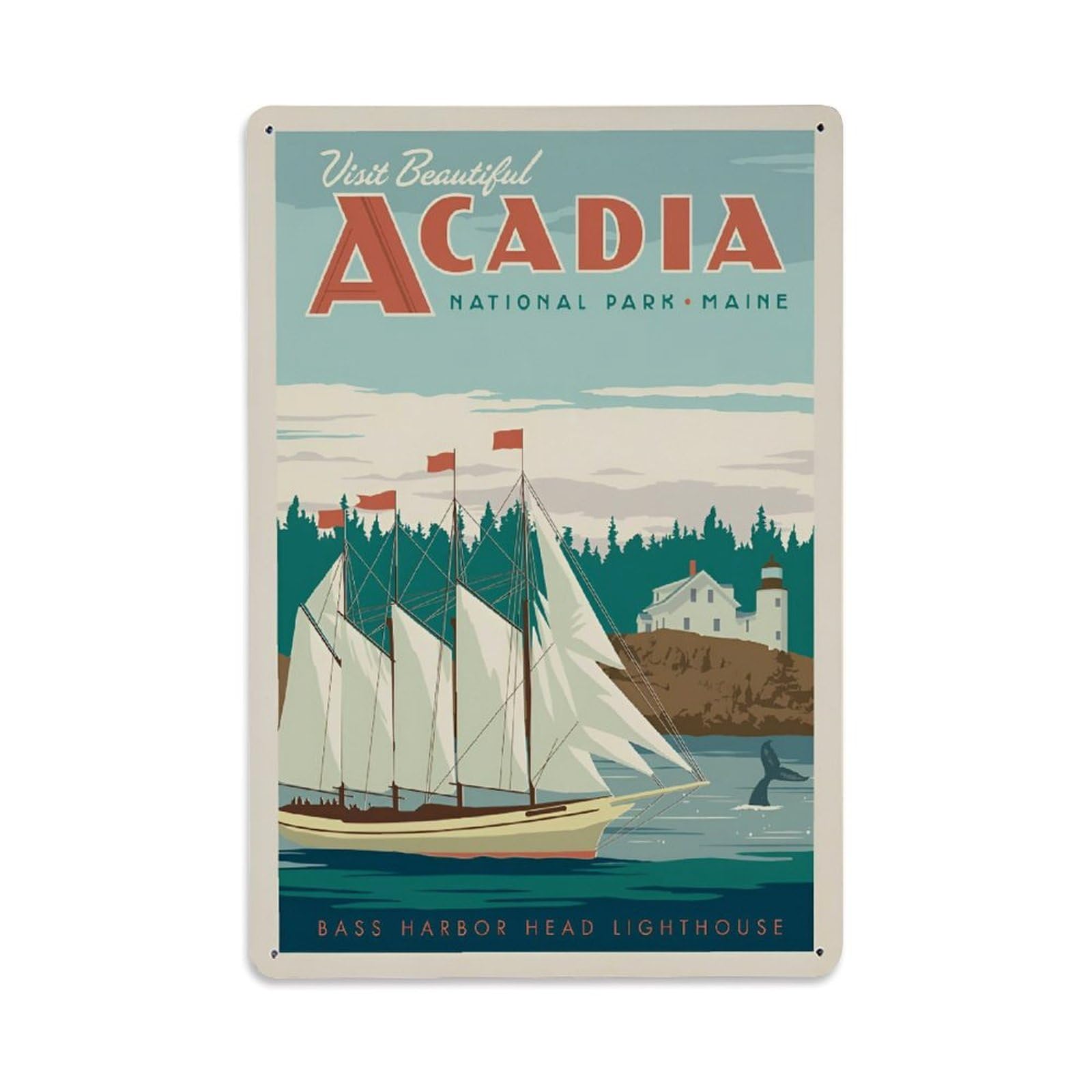 Vintage Trave Poster Acadia Bass Harbor Head Metal Tin Sign Wall Decor for Cafe, Club, Garden Metal Poster 8x12Inch