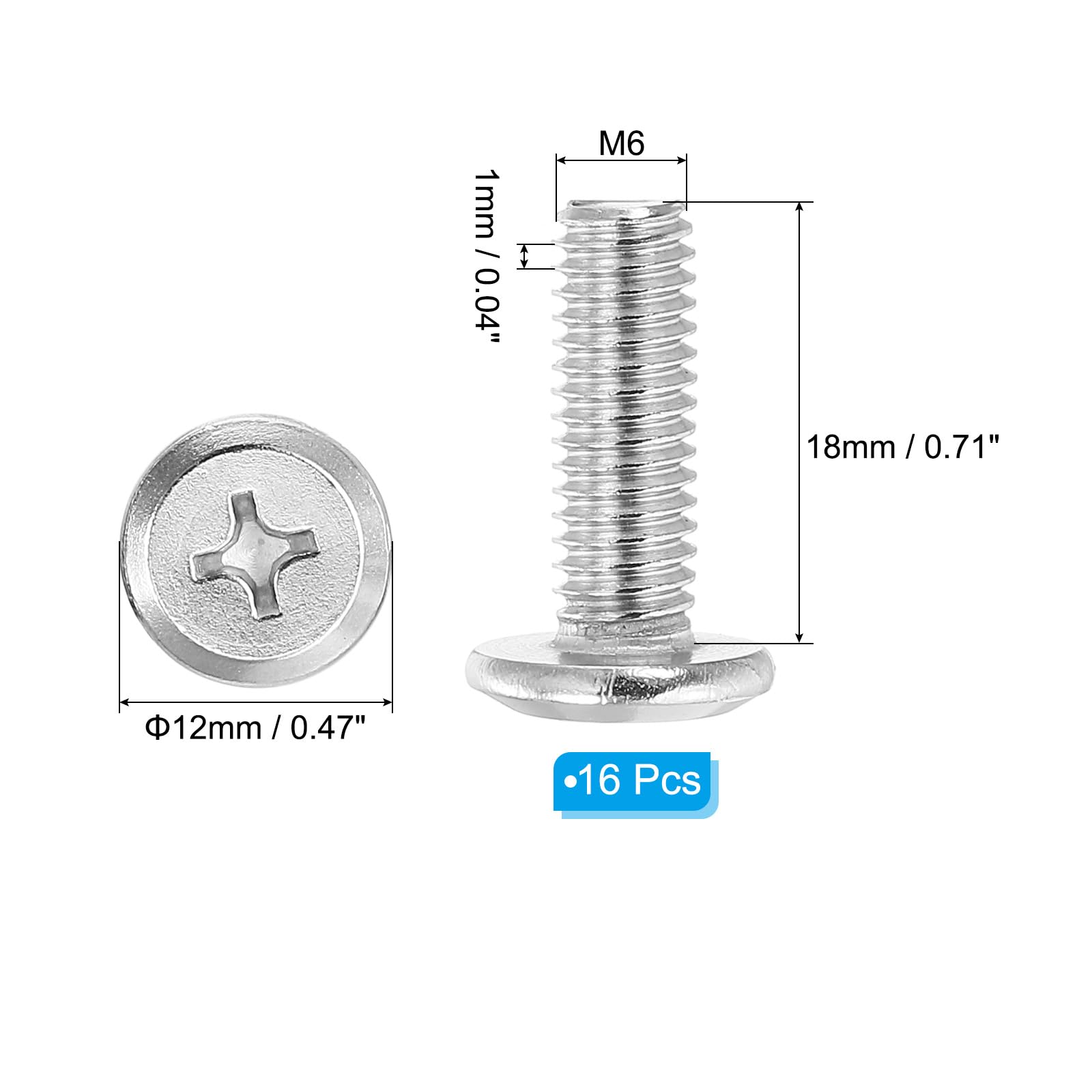 PATIKIL Flat Round Head Phillips Screws, 16 Pack M6-1 x 18mm Binding Screws 304 Stainless Steel 18-8 Full Thread - Image 2