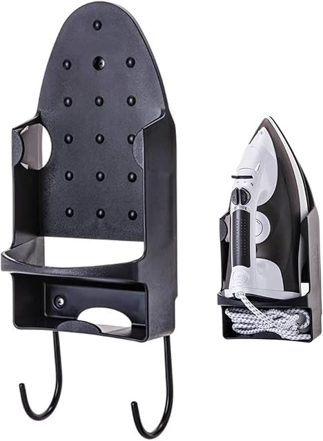 Yizemay Ironing Board Hanger, Wall Mount Electric Iron Holder Ironing Board Rack with Removable Hooks for Household Bathroom Shelf Door or Wall Mount in Laundry Room (Black)