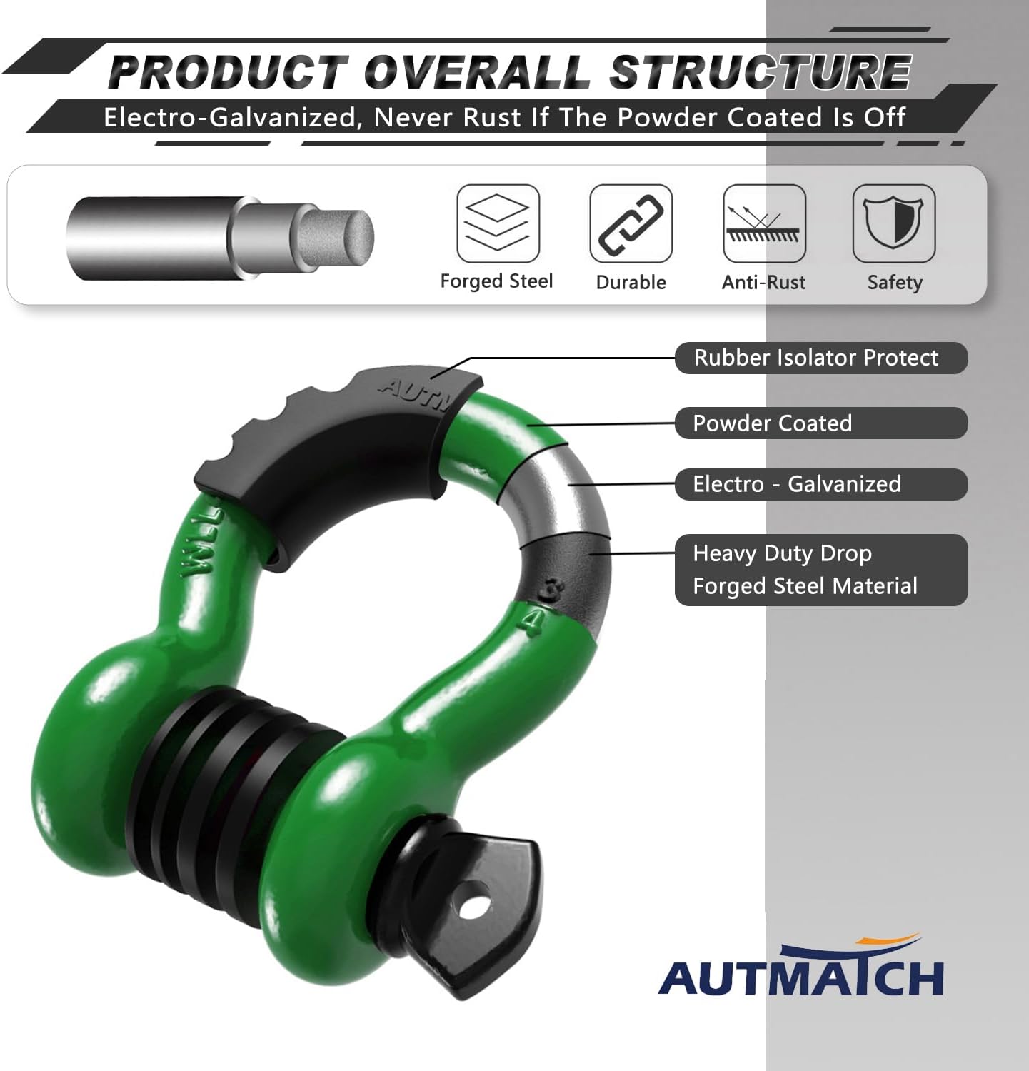 AUTMATCH Kinetic Recovery Tow Rope 7/8" x 20FT with 3/4" D Ring Shackle, Heavy Duty Offroad Snatch Strap 35000Lbs for 4x4 Off-Road Vehicle, Truck, Trailer, ATV, UTV, Green