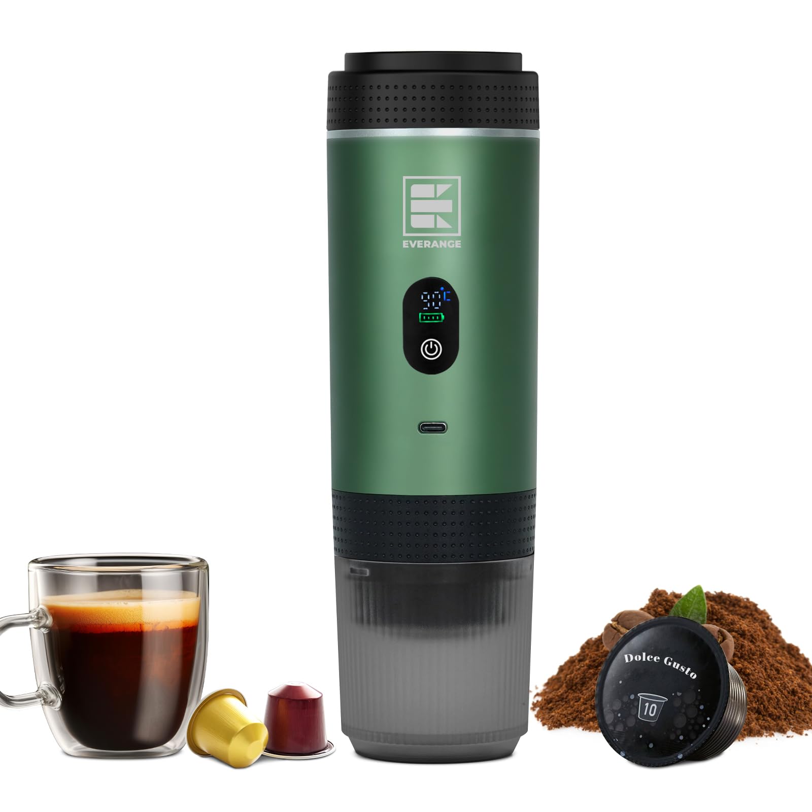 Macchina per caffè espresso elettrica portatile, macchina da caffè da viaggio compatibile con caffè macinato e capsule NS (verde con schermo LCD)