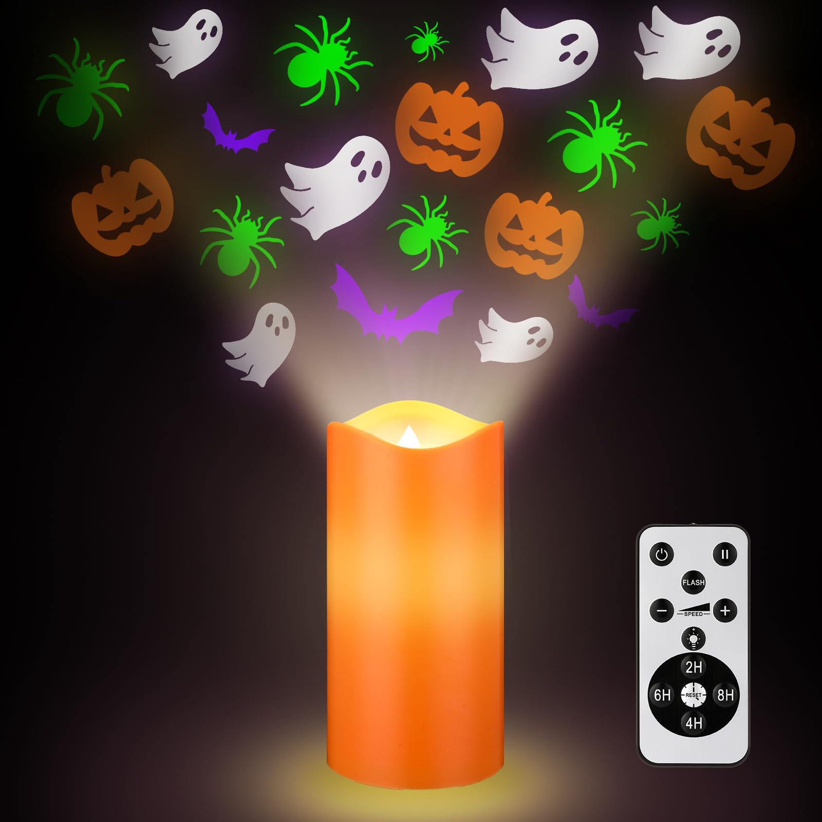 Baquler Halloween Projector Candle Ghost Projector Light Halloween Indoor Decoration Spooky Scary LED Flameless Candle Battery Operated Night Light with Remote and Timer Bedroom Home Decor Party Gift