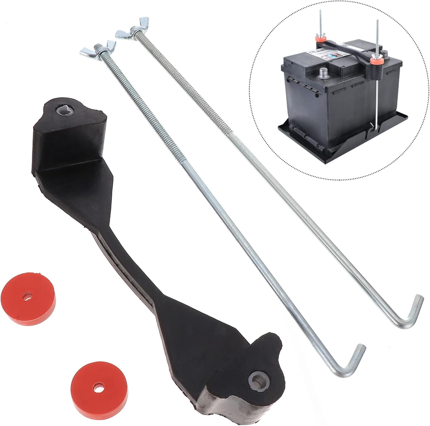 Universal Rubber Battery Hold Down Bracket with Hook Bolts for Car Battery Compatible with Most Vehicles