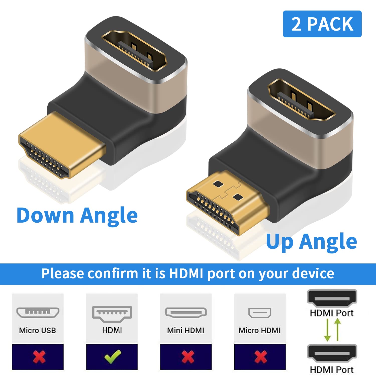Duttek HDMI 90 Degree Adapter 8K, HDMI Male to Female Adapter,[ Upward and Down Angle ] Support 8K@60Hz, 4K@120Hz for TV, HDR, Laptop, PC, PS4 (2 Pack)