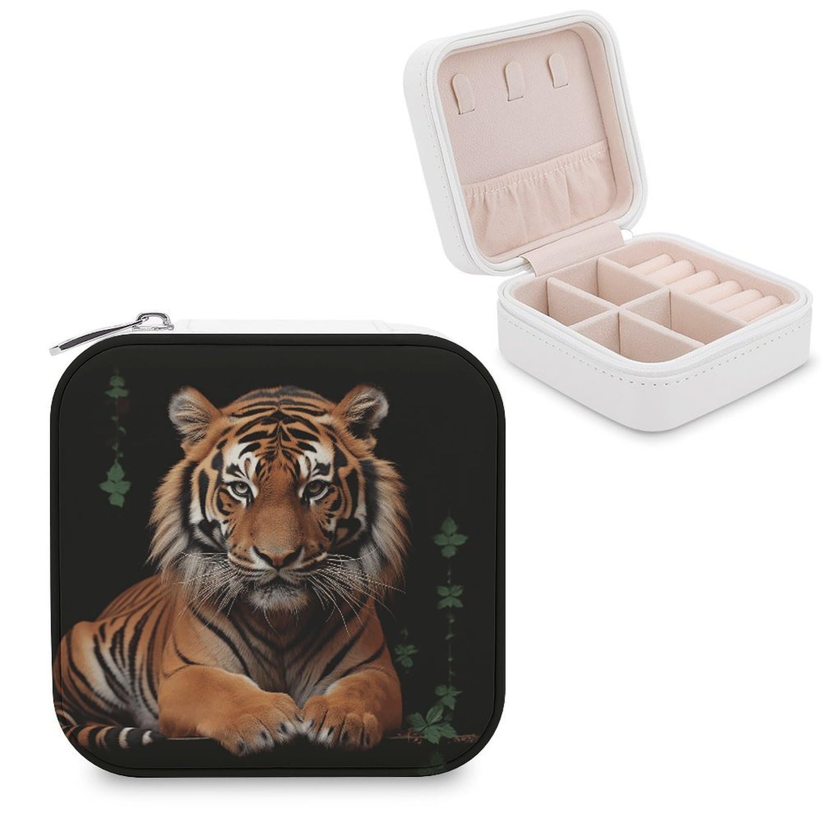 VstaDank With Tiger And Paws Travel Jewelry Case Zipper Portable Small Jewelry Box Custom Pu Leather Mini Traveling Jewelry Organizer for Rings Earrings Necklace Bracelet Girls Women