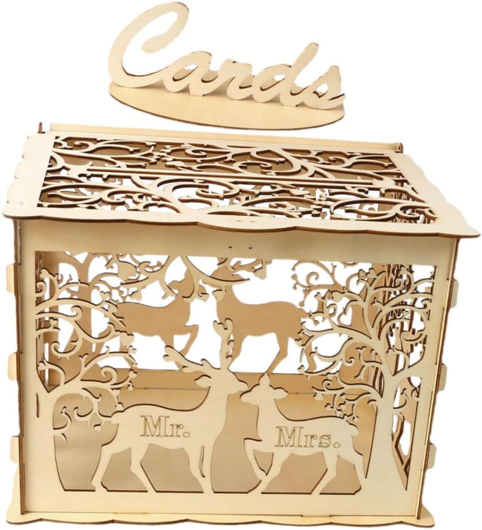Wooden Wedding Card Box Large DIY Couples Greeting Cards Holder, Rustic Wooden Sign-in Box for Wedding Party Supplies and Storage