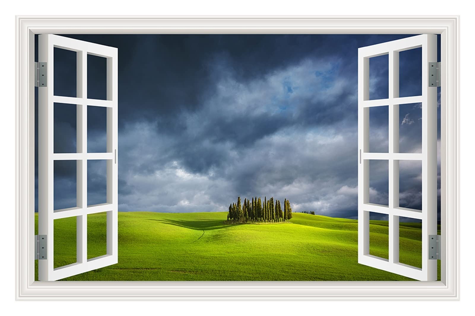 JUGGO Scenery 3D Fake Window Decorative Decals, 3D Fake Window View Sticker Room Decor Aesthetic Wall Decor Green Grassland Mountain Nature Landscape Vinyl Decal Wallpaper