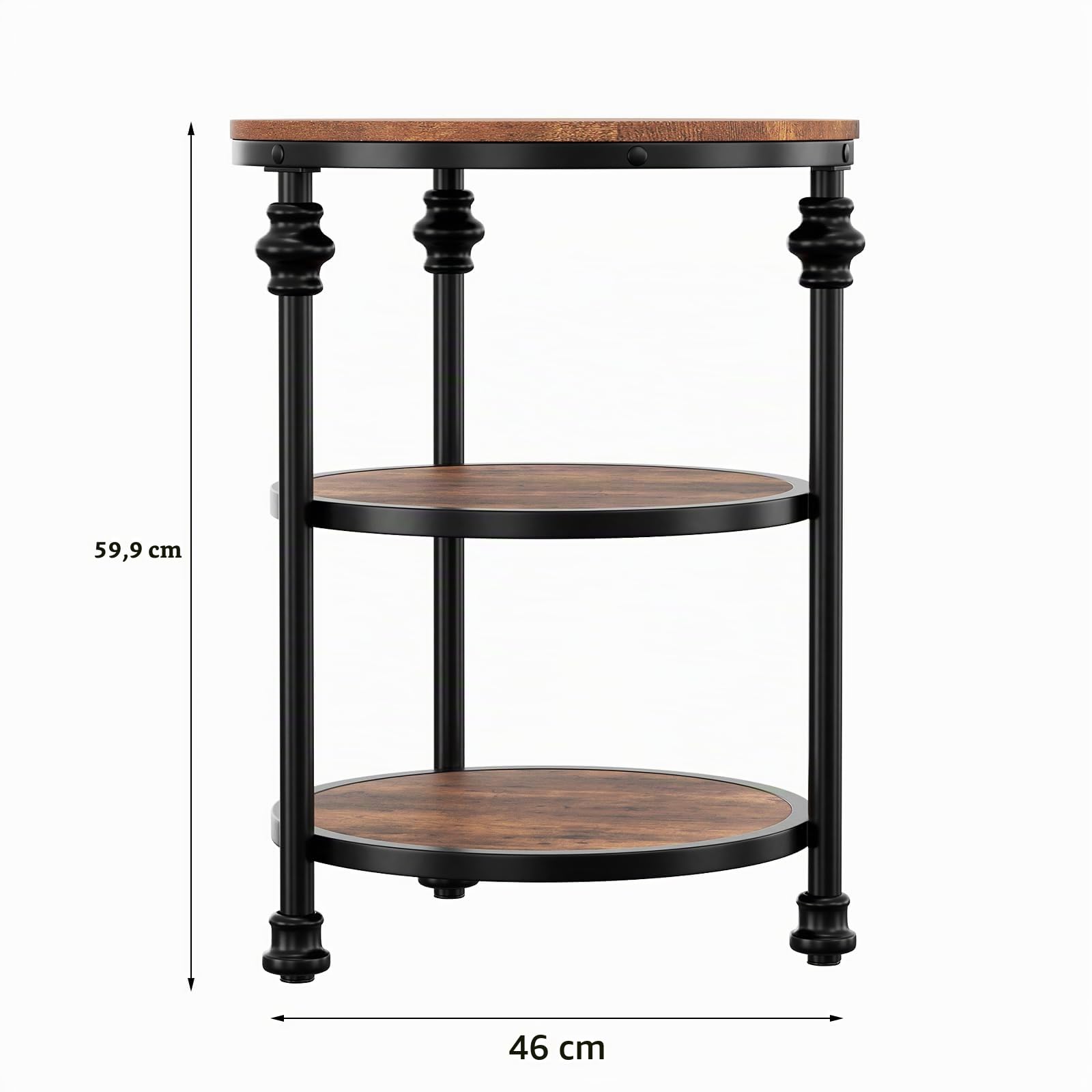 Runder Beistelltisch 3 Ebenen, Vintage Couchtisch Aus Holzoptik Und Schwarzem Metall, Nachttisch Mit Stauraum Für Wohnzimmer, Schlafzimmer, Stabiler Rahmen & Einfach Montierbar Rustikales Braun