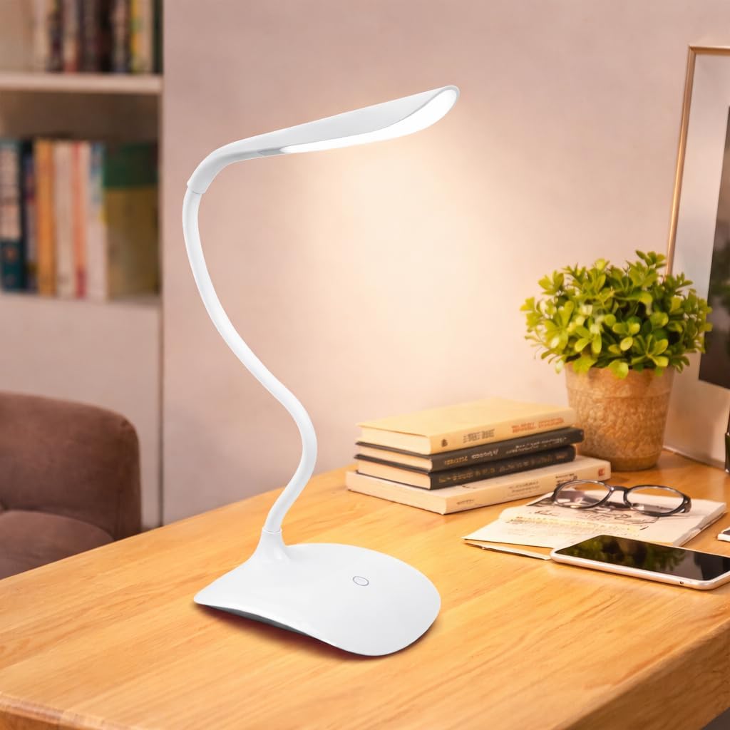 Study Lamp for Students | LED Desk Lamp with Flexible Gooseneck for Reading, Office | Touch Dimmer | Eye-Protection Study Light | Rechargeable Stable Desk Lamp with USB Type C Cable (White)-image-13