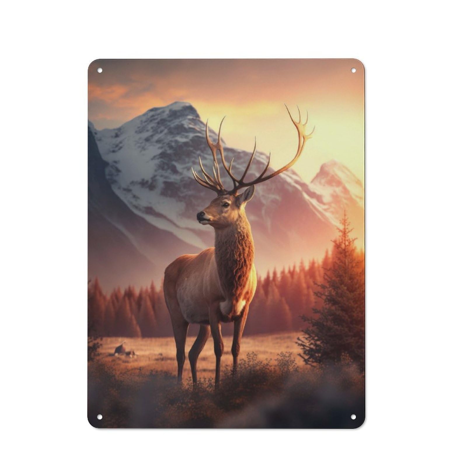 Retro Metal Sign with Deer Sunset Mountains Design 40x30cm, Weathered Look Shed Wall Plaque for Garage, Workshop, Shed Or Utility Room