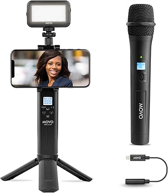 movo ivlog7 mobile journalist vlogging kit for iphonesmartphone with wireless uhf handheld microphone system led video light tripod stand video e