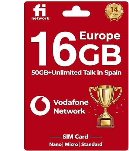 Vodafone Network Europe Sim Card - 16 GB en 4GLTE en Reino Unido y Europa, 50 GB y llamadas ilimitadas en España - Tarjeta SIM Europa con datos de