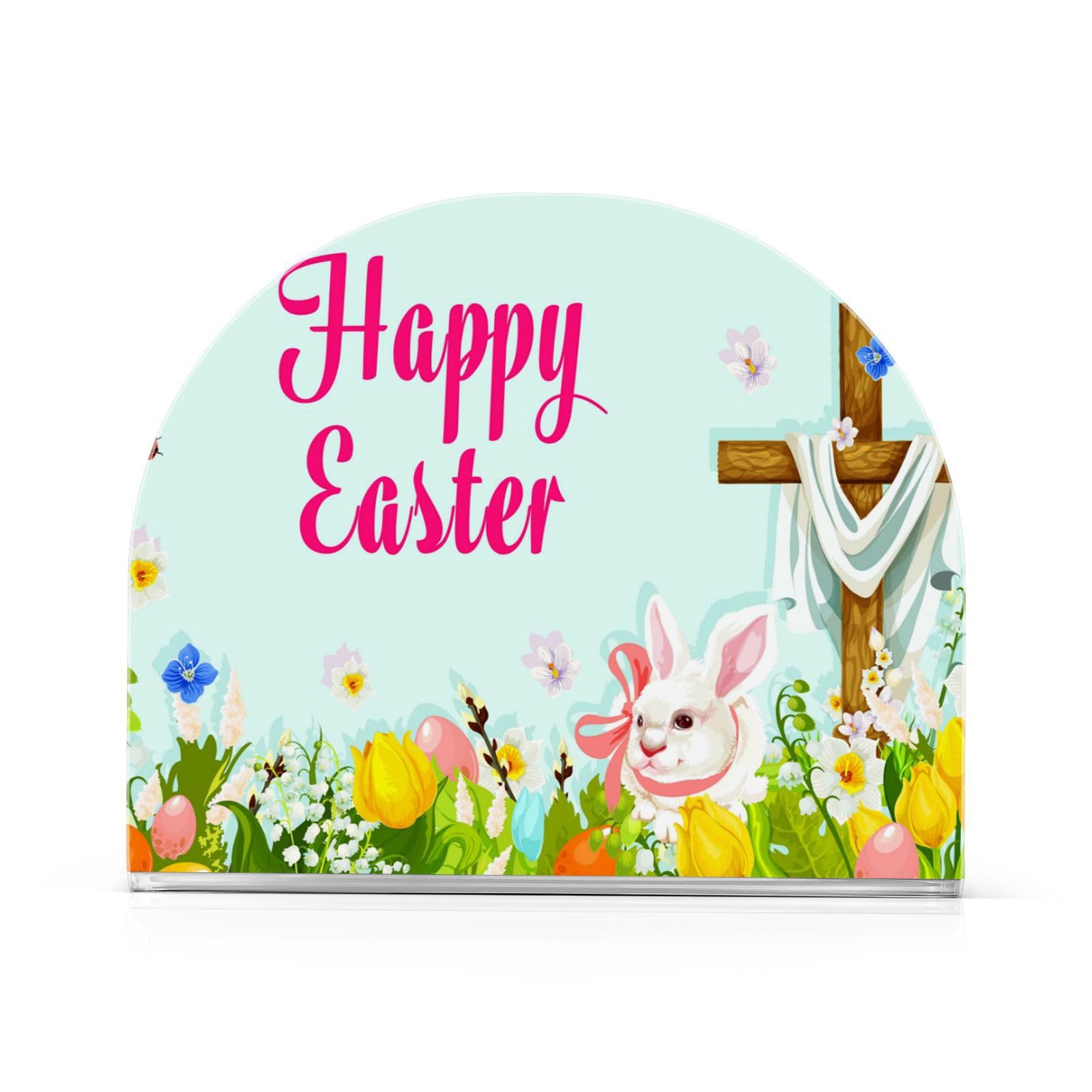 Easter Egg Hunt Rabbit with Cross Greeting Napkin Holder for Tables Paper Cocktail Napkin Holders for Kitchen Dinning,Acrylic Dinner Napkin Dispenser for Restaurant Home Decor Bar Accessories 1 Pack